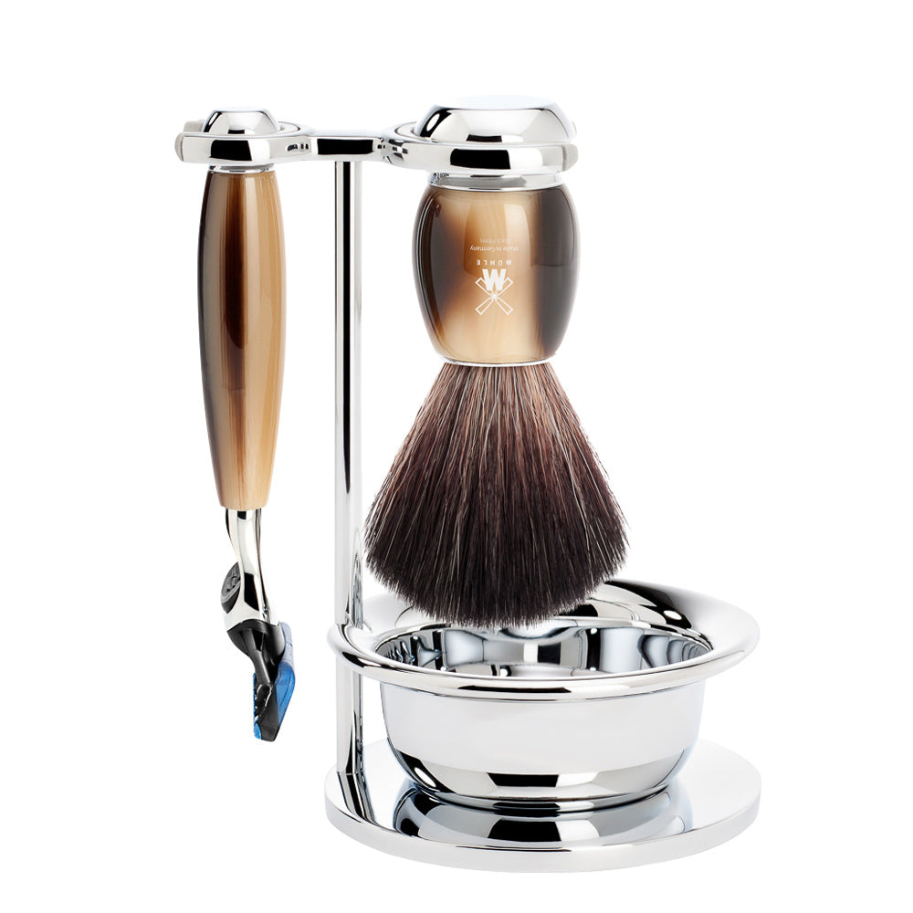 MUHLE Brown Horn VIVO Black Fibre Brush and Fusion Razor Set with Bowl
