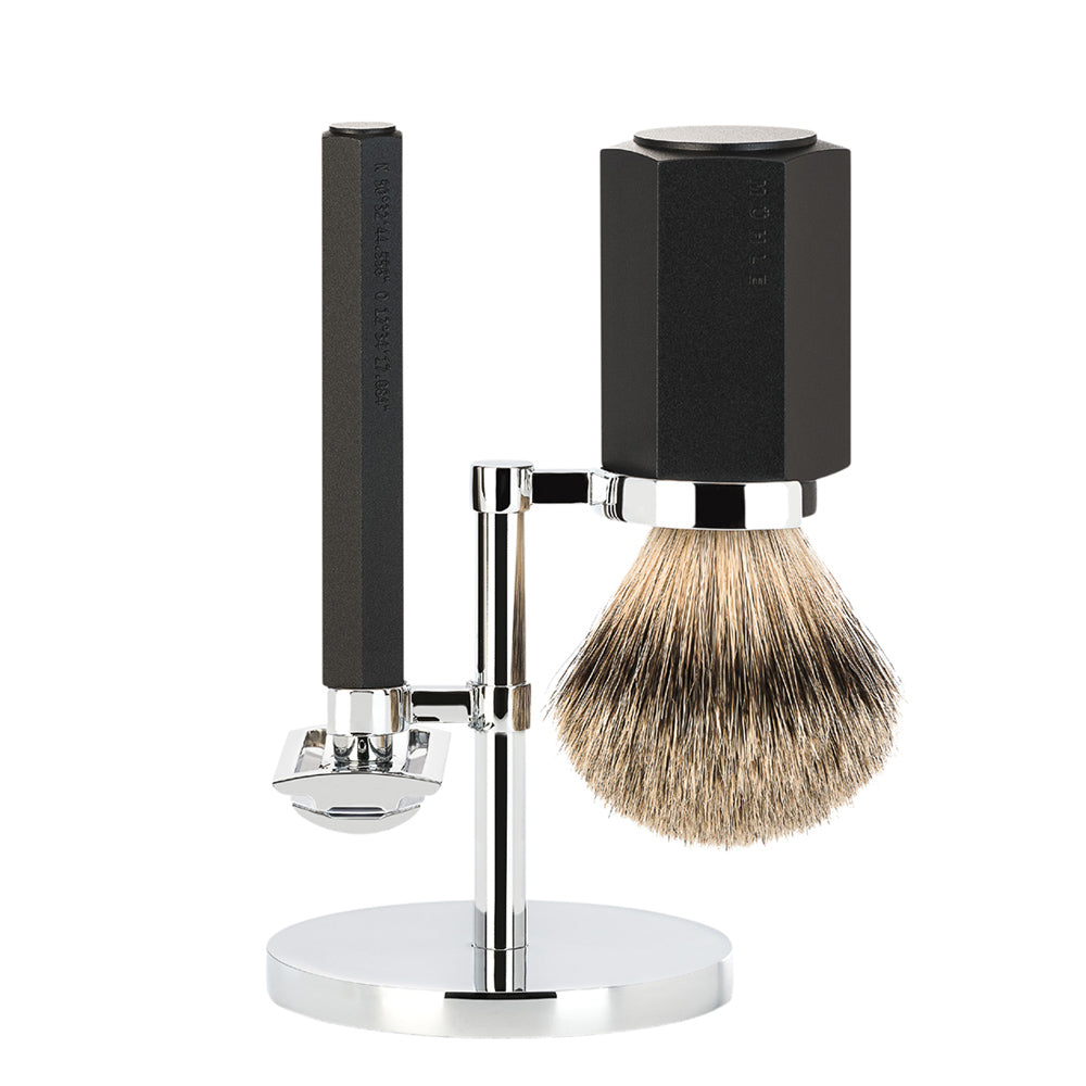 MUHLE HEXAGON Silvertip Badger Brush and Safety Razor Set in Graphite