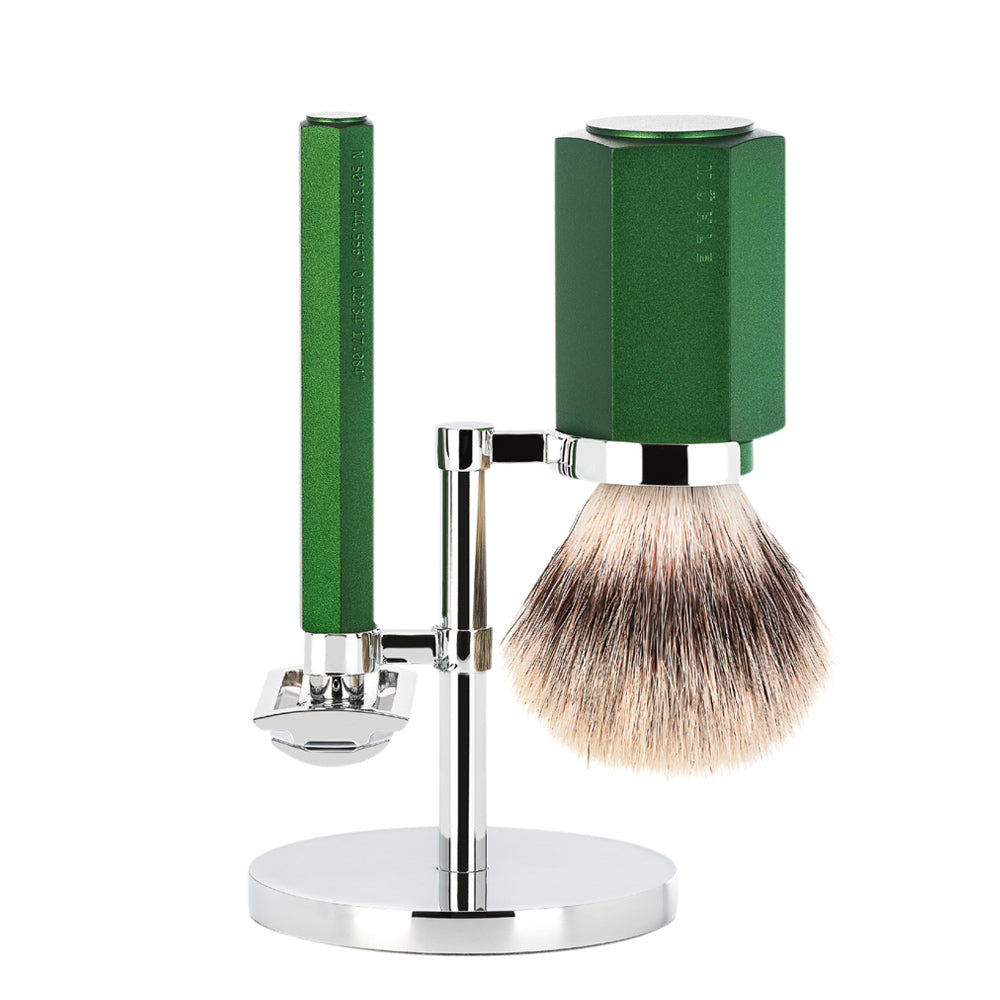 MUHLE HEXAGON Silvertip Fibre Brush and Safety Razor Shaving Set in Forest Green