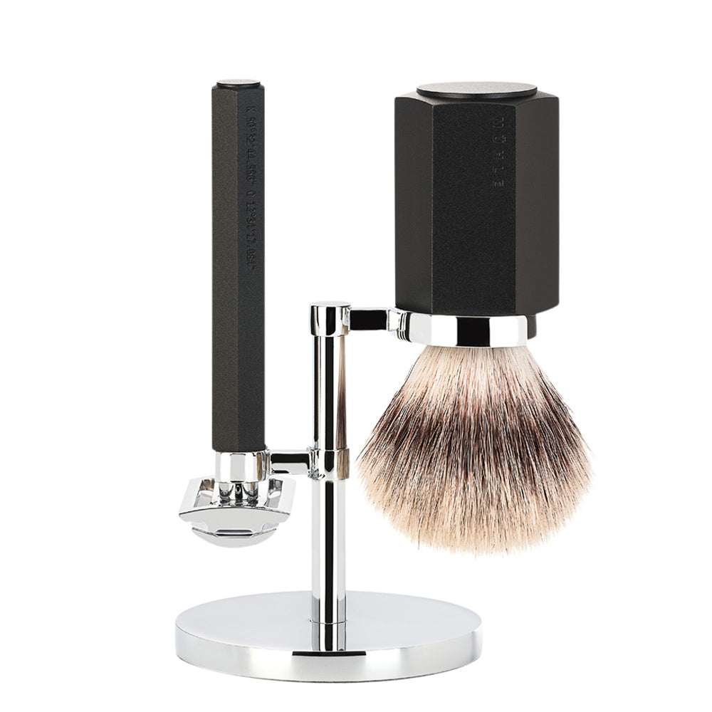 MUHLE HEXAGON Silvertip Fibre Brush and Safety Razor Shaving Set in Graphite