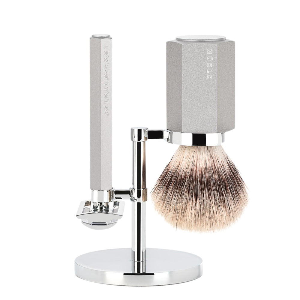 MUHLE HEXAGON Silvertip Fibre Brush and Safety Razor Shaving Set in Silver