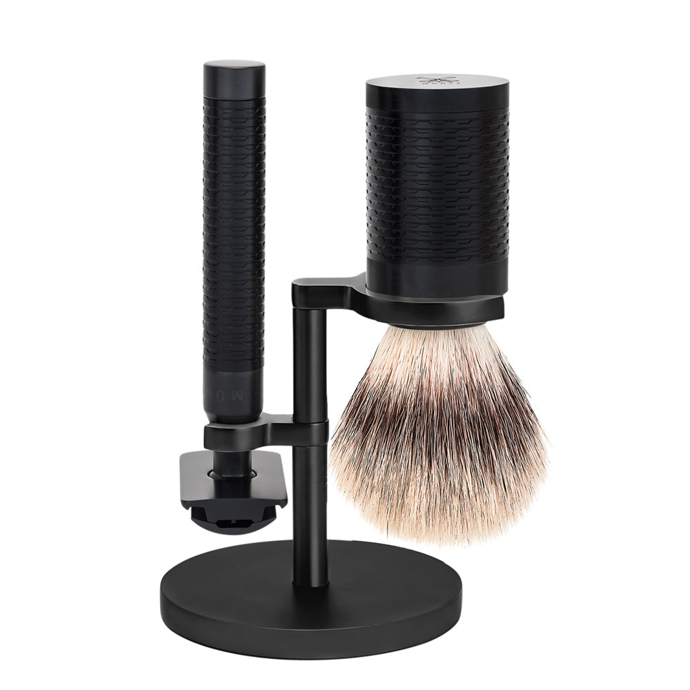 MUHLE ROCCA Jet Black Stainless Steel Silvertip Fibre Brush and Safety Razor Shaving Set
