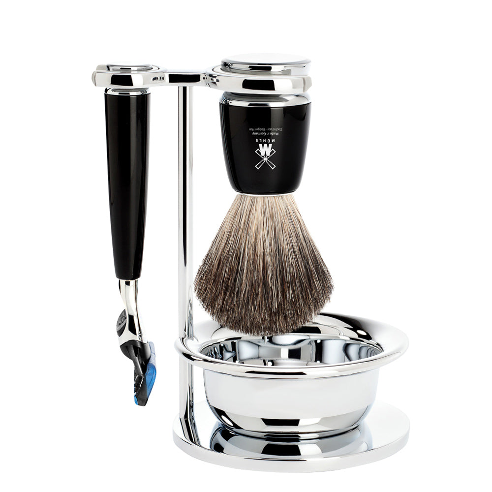 MUHLE RYTMO Pure Badger Brush and Fusion Razor Set in Black with Bowl