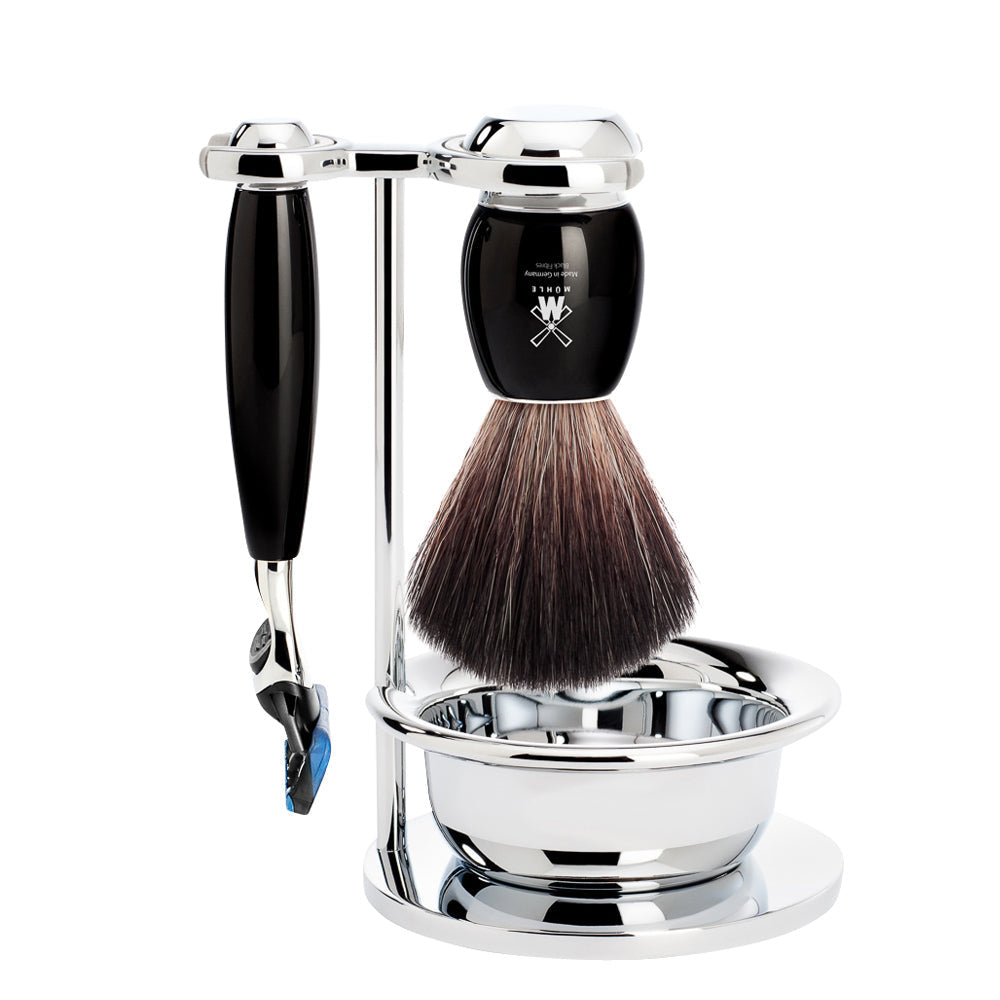 MUHLE VIVO Black Fibre Brush and Fusion Razor Set in Black with Bowl