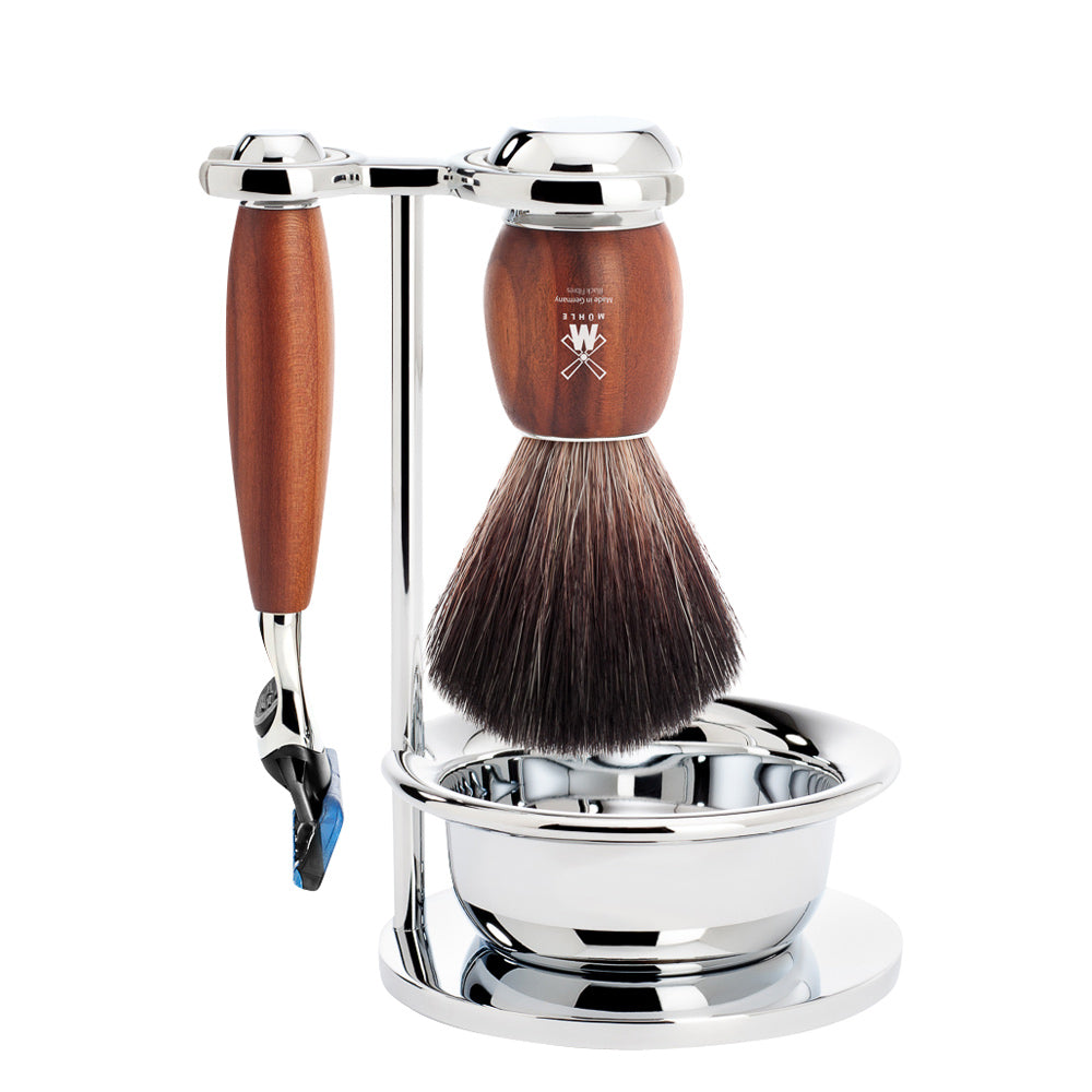 MUHLE VIVO Plum Wood Black Fibre Brush and Fusion Razor Set with Bowl