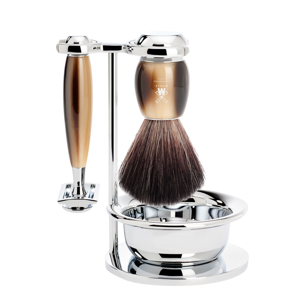MUHLE VIVO Brown Horn Black Fibre Brush and Safety Razor Set with Bowl