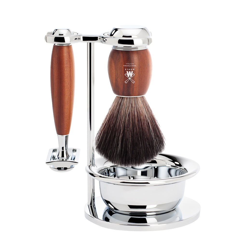 MUHLE VIVO Plum Wood Black Fibre Brush and Safety Razor Set with Bowl